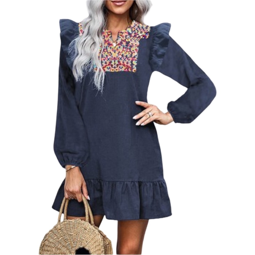 Embroidered Navy Long Sleeve Ruffle Dress